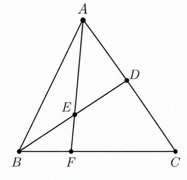 Triangle ABC with D on AC, E the midpoint of BD, and F the intersection of AE and BC