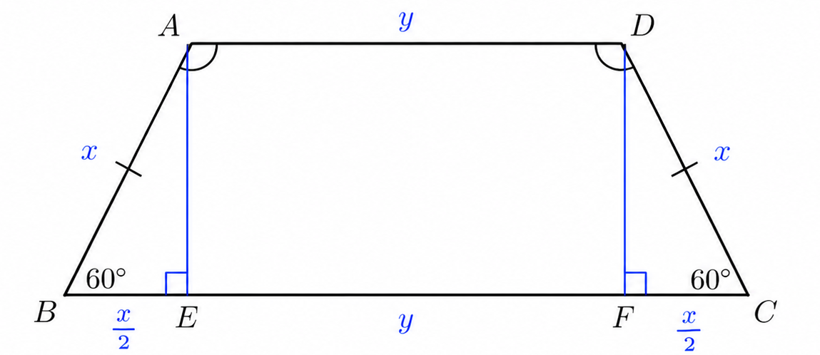 Trapezoid ABCD with altitudes AE and DF, legs x, upper base y, and lower base split into x over 2, y, and x over 2