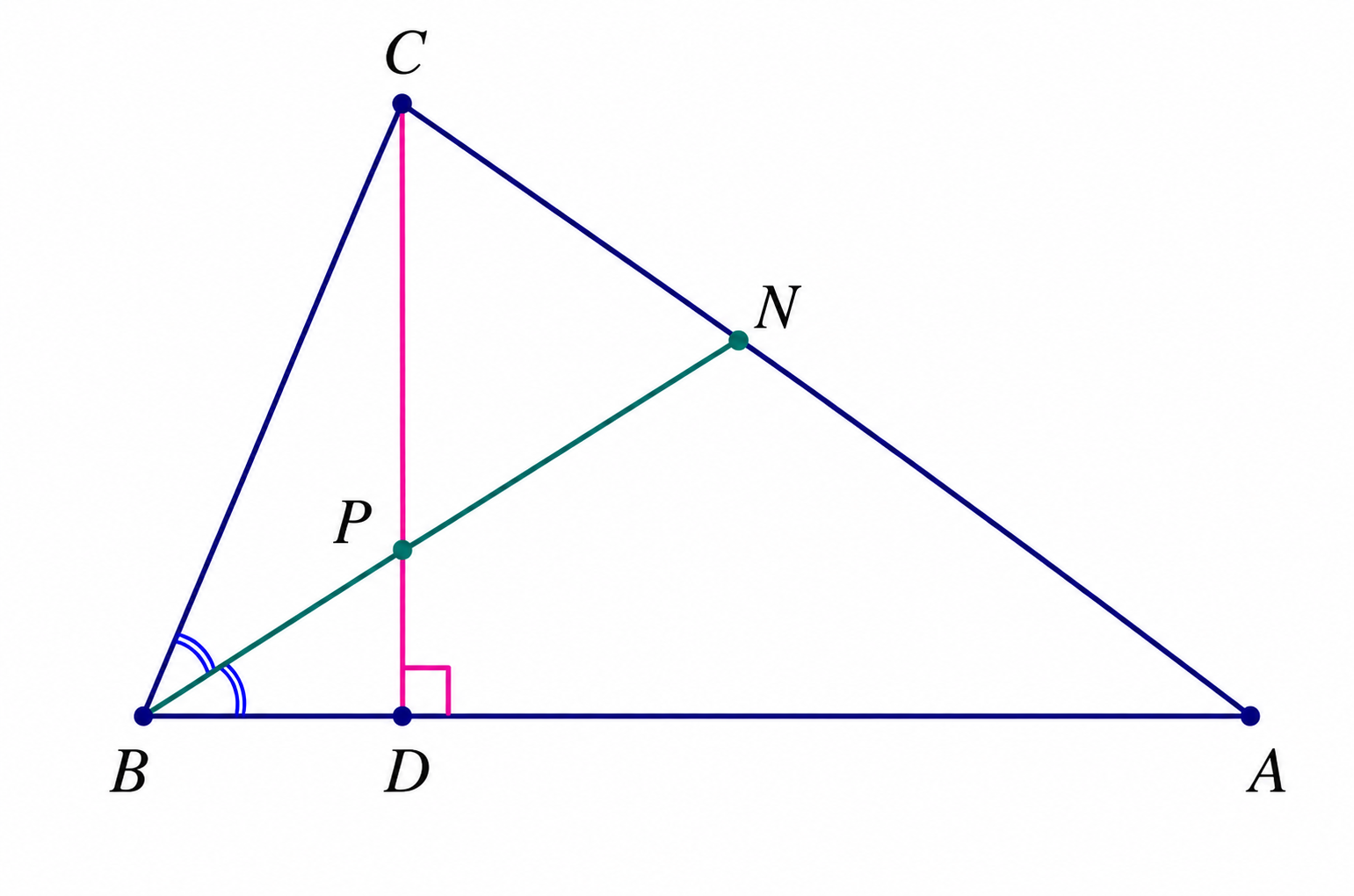 Triangle ABC with altitude CD and angle bisector BN meeting at P