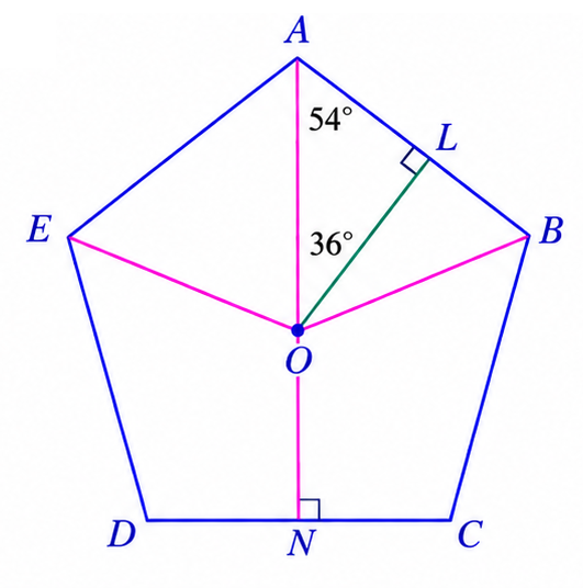 Regular pentagon showing angles 54 degrees and 36 degrees with perpendiculars OL and ON