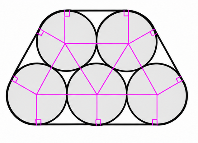Centers and radii drawn for the five coins with perpendicular radii to the tangent segments of the elastic band