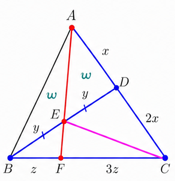 Triangle ABC with areas AED and ABE both labeled w
