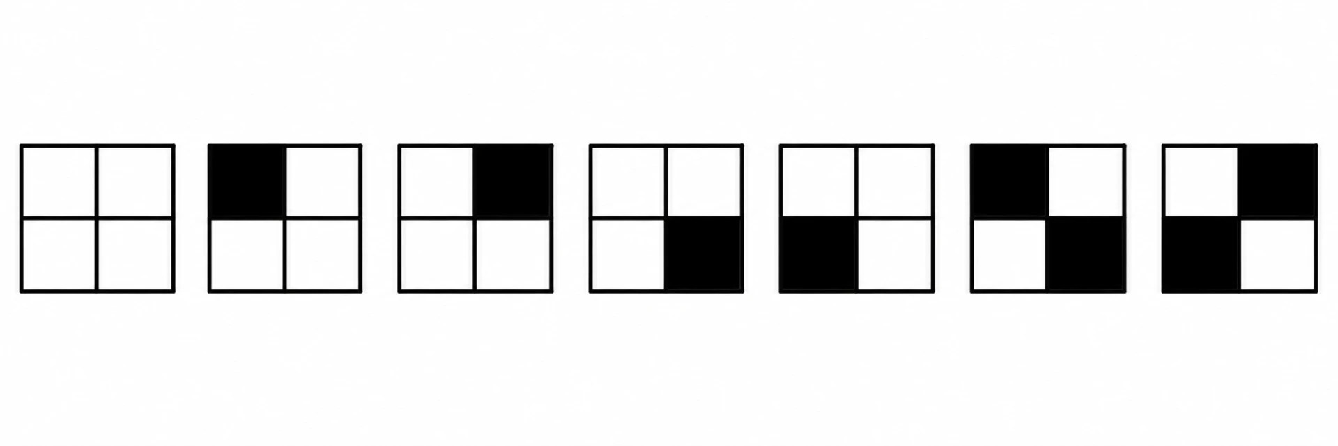 Seven possible colorings of a 2 by 2 section with no adjacent black cells