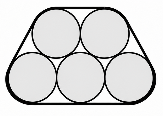 Five coins of diameter 4 arranged in two rows with an elastic band wrapped tightly around them