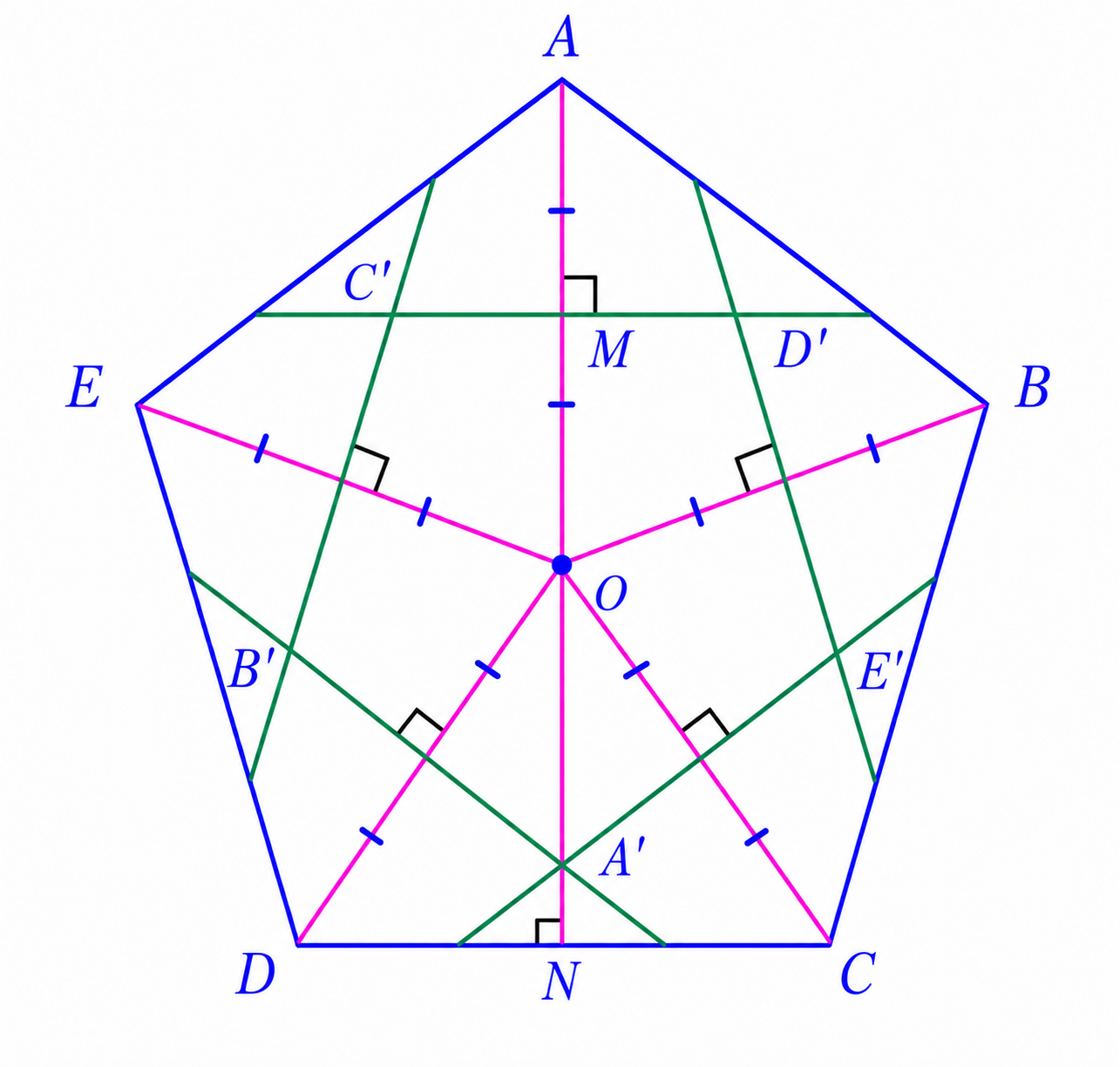 Regular pentagon ABCDE and the smaller pentagon A'B'C'D'E' with common center O