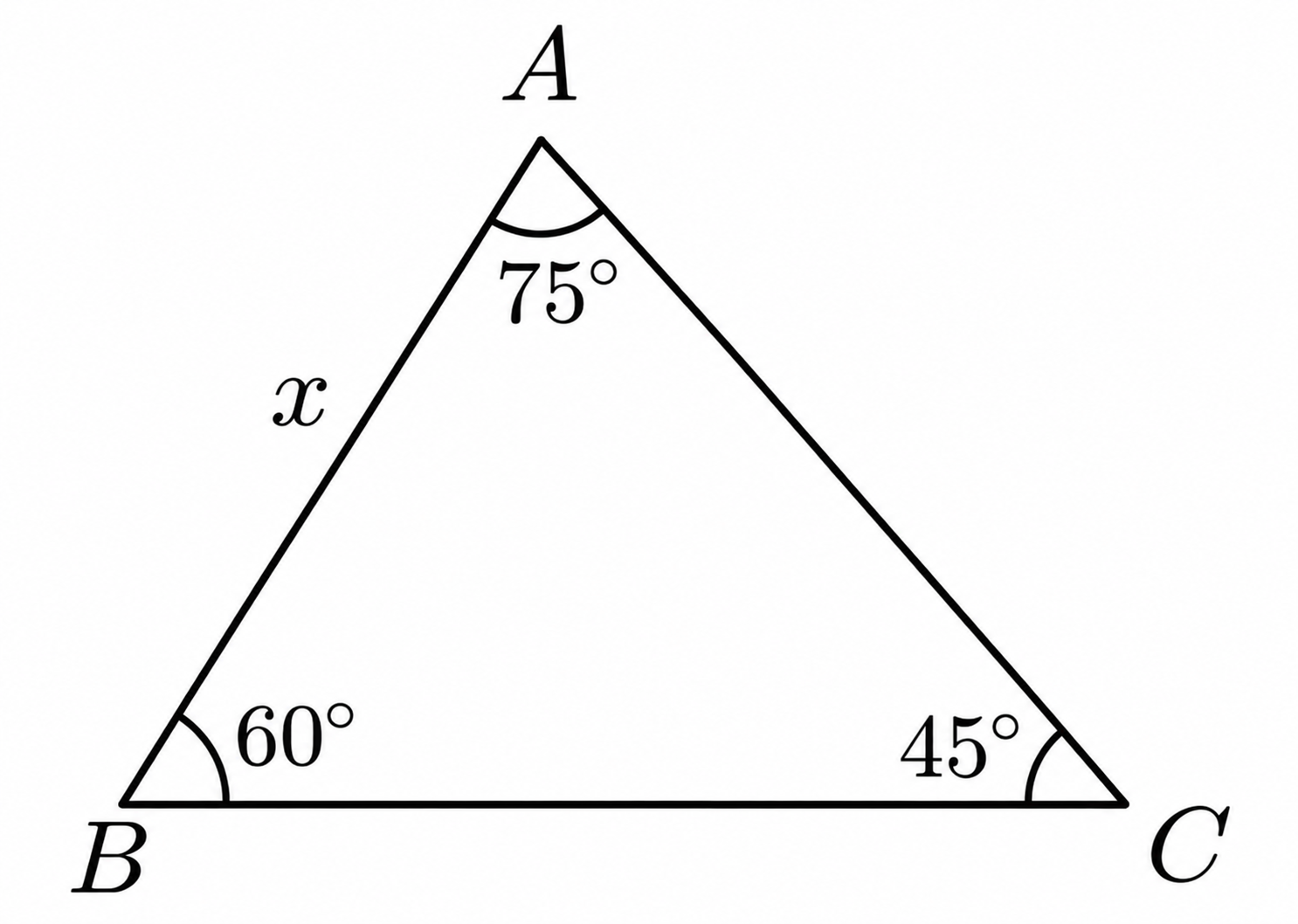 Triangle ABC with angles 75, 60, and 45 degrees