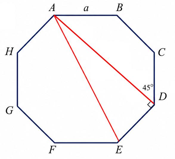 Regular octagon with diagonal AE and right triangle ADE
