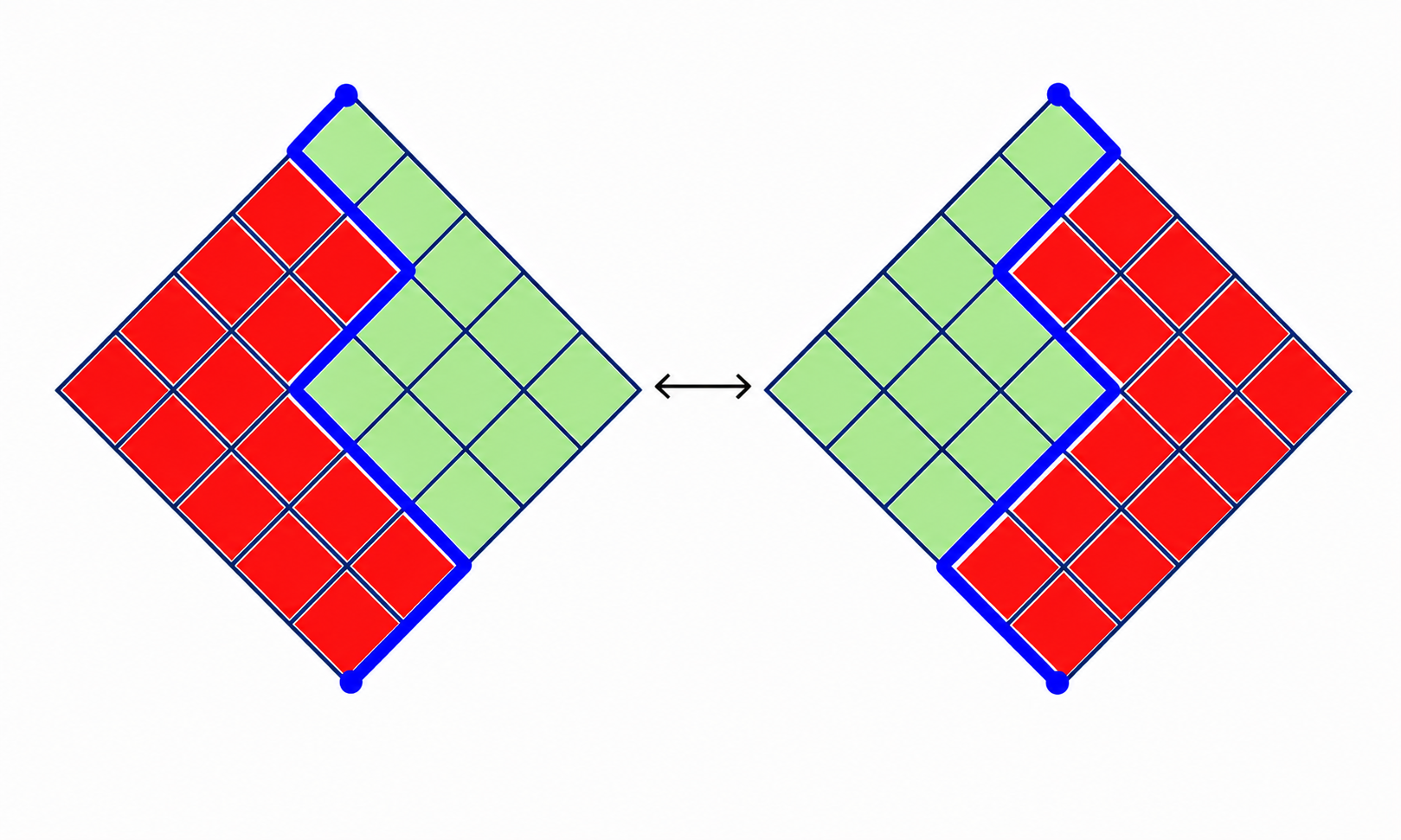 Complementary paths in a 5 by 5 diamond-shaped grid