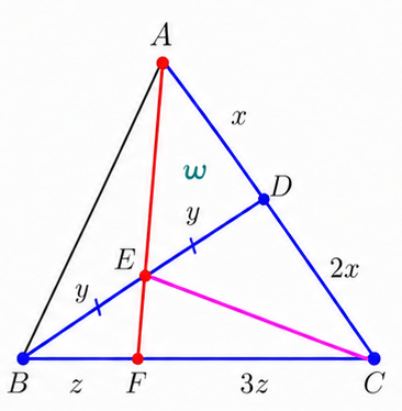 Triangle ABC with area AED labeled w and side ratios marked