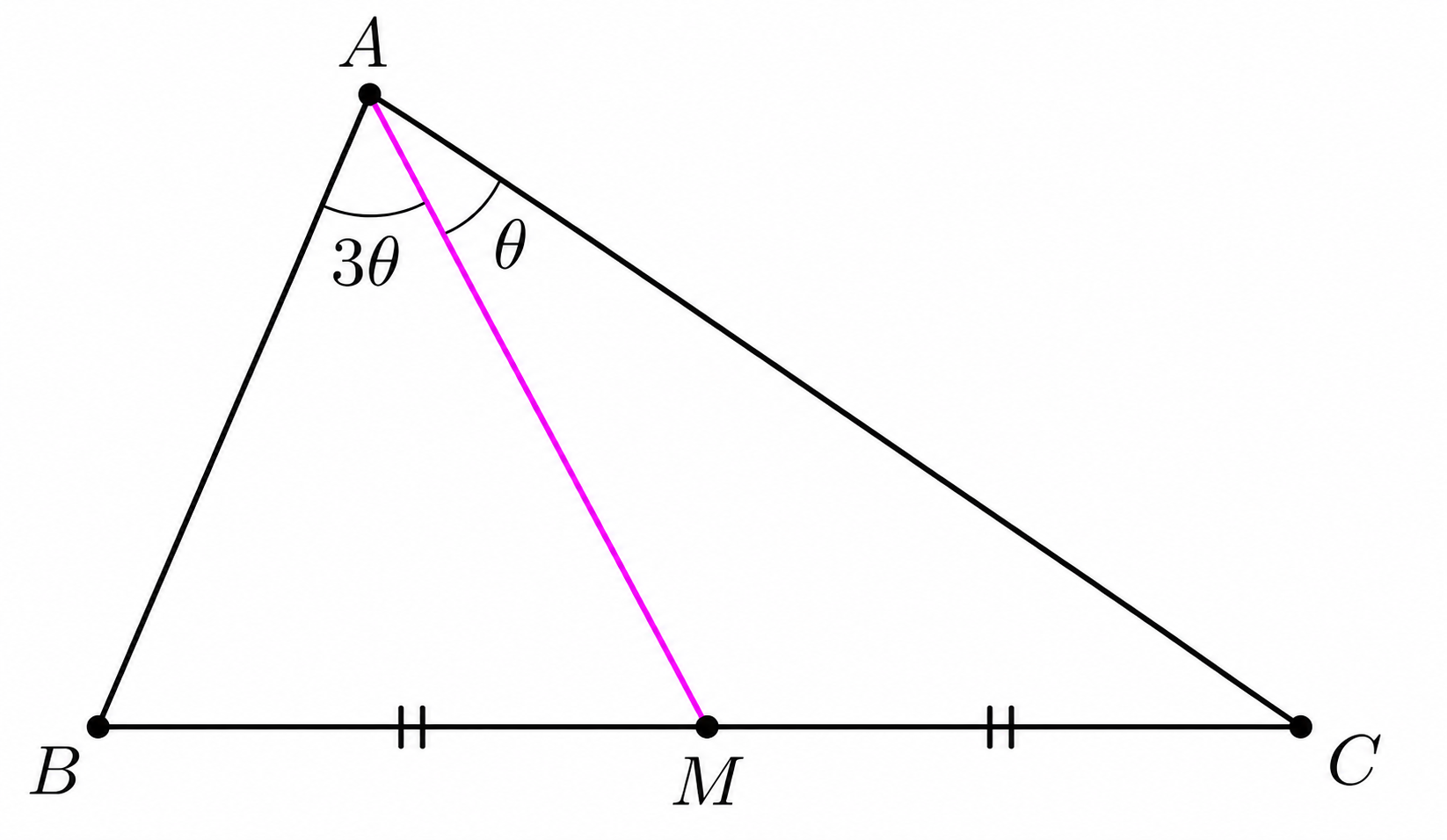 Triangle ABC with median AM and angles 3 theta and theta