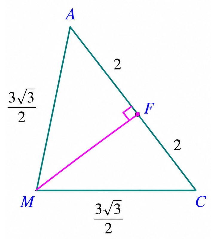 Triangle AMC with AC equal to 4, AM and MC equal to 3 square root of 3 over 2, and perpendicular MF