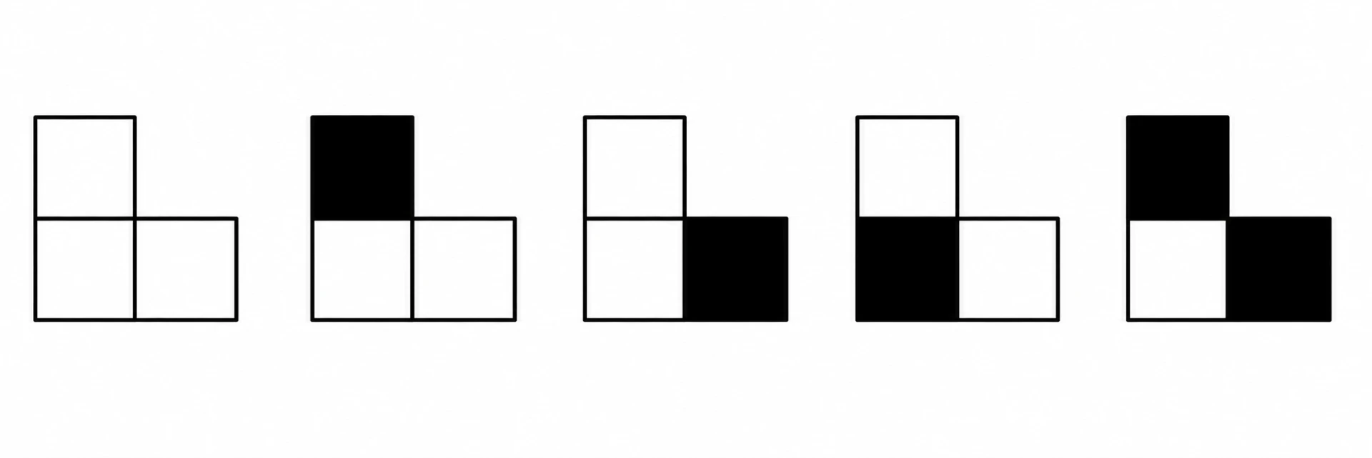 Five possible colorings of a neighboring 2 by 2 section