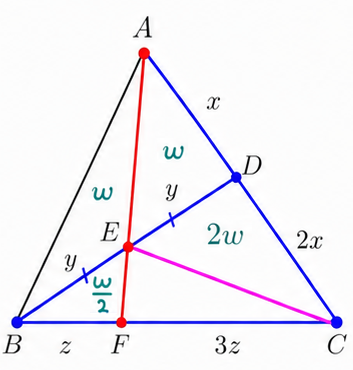 Triangle ABC with area BEF labeled w over 2