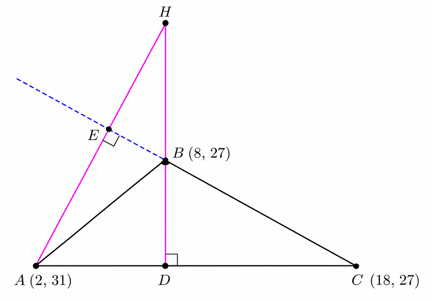 Triangle ABC with extended altitudes AE and BD intersecting at orthocenter H