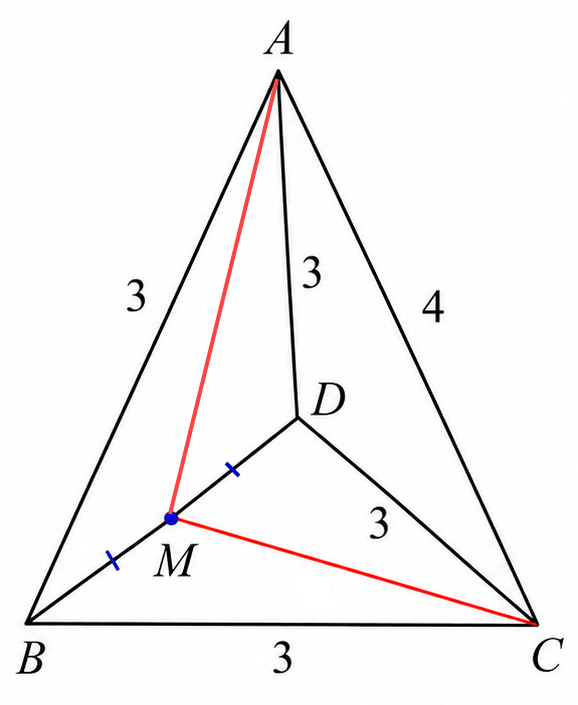 Tetrahedron ABCD with M the midpoint of BD and the altitude from A lying in plane AMC