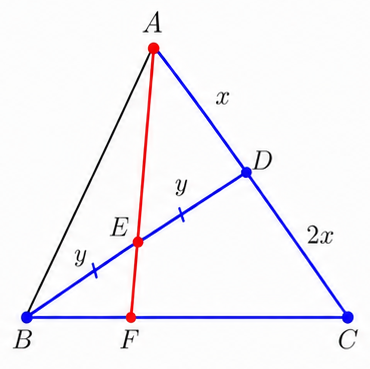 Triangle diagram showing AD to DC as 1 to 2, E the midpoint of BD, and BF to FC as 1 to 3