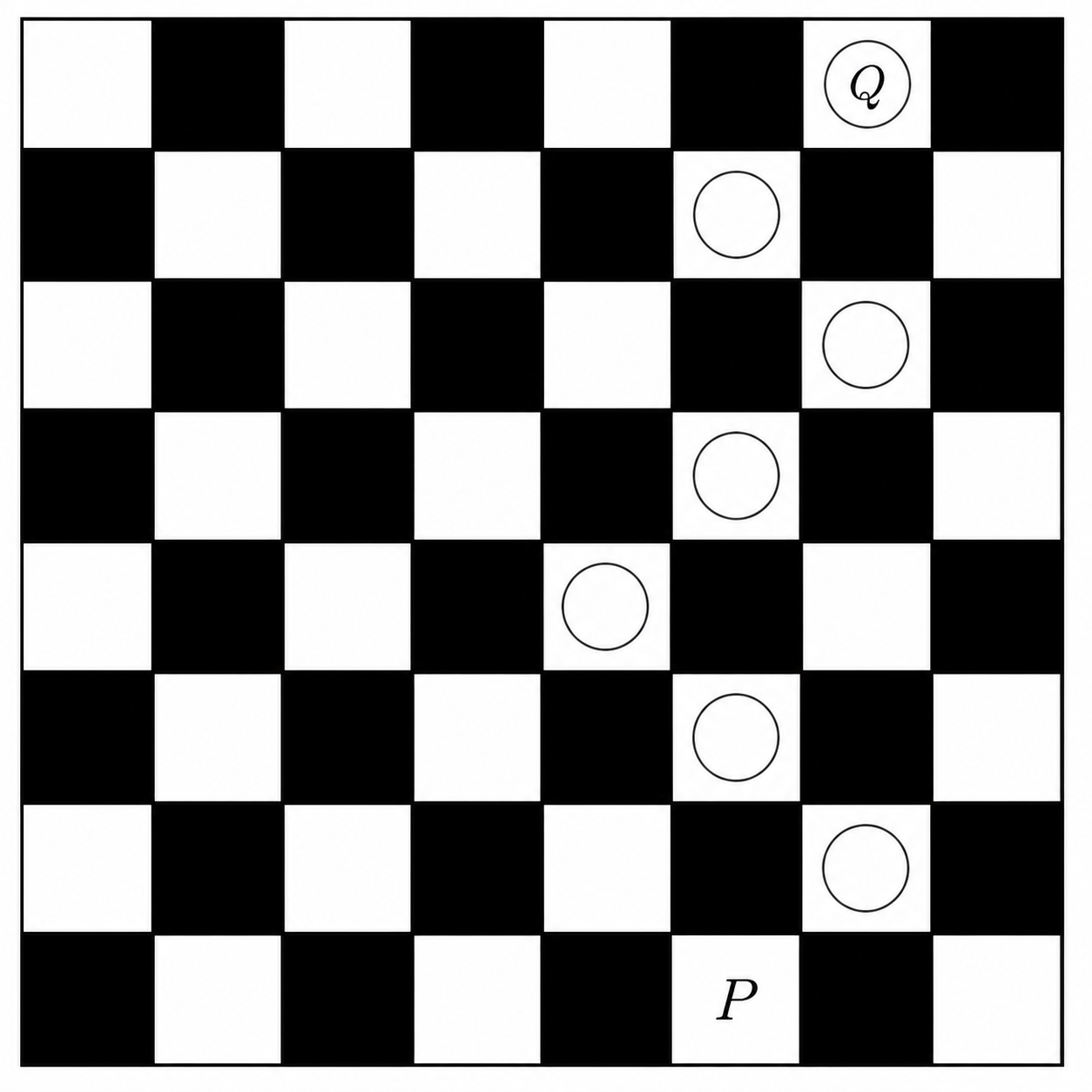 Eight by eight checkerboard showing squares P and Q and a sample 7-step path