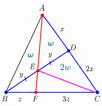 Triangle ABC with areas AED and ABE equal to w and area EDC equal to 2w