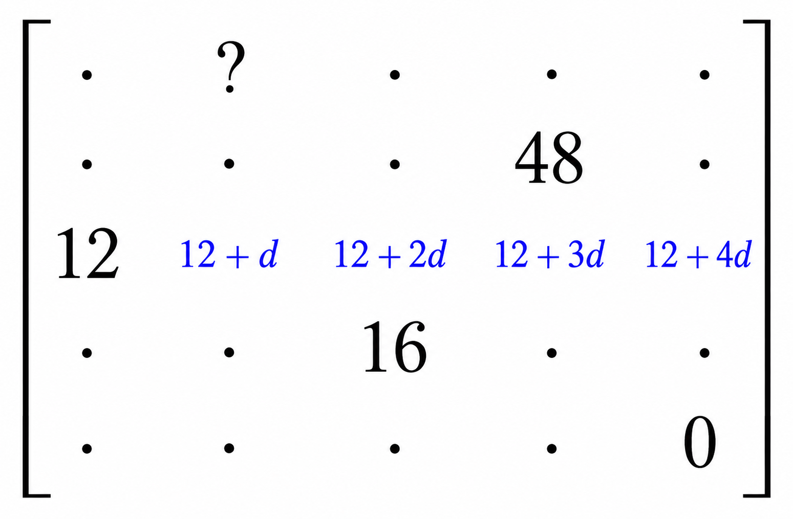 The array with the third row filled as 12, 12+d, 12+2d, 12+3d, and 12+4d