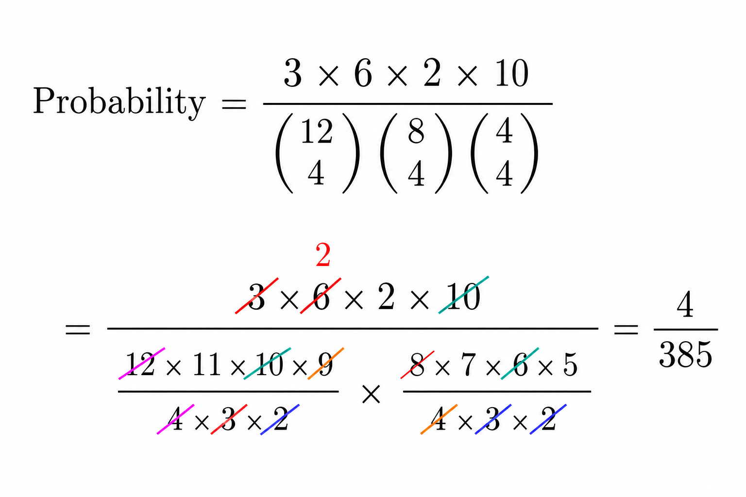 Calculation and simplification of the probability to 4 over 385