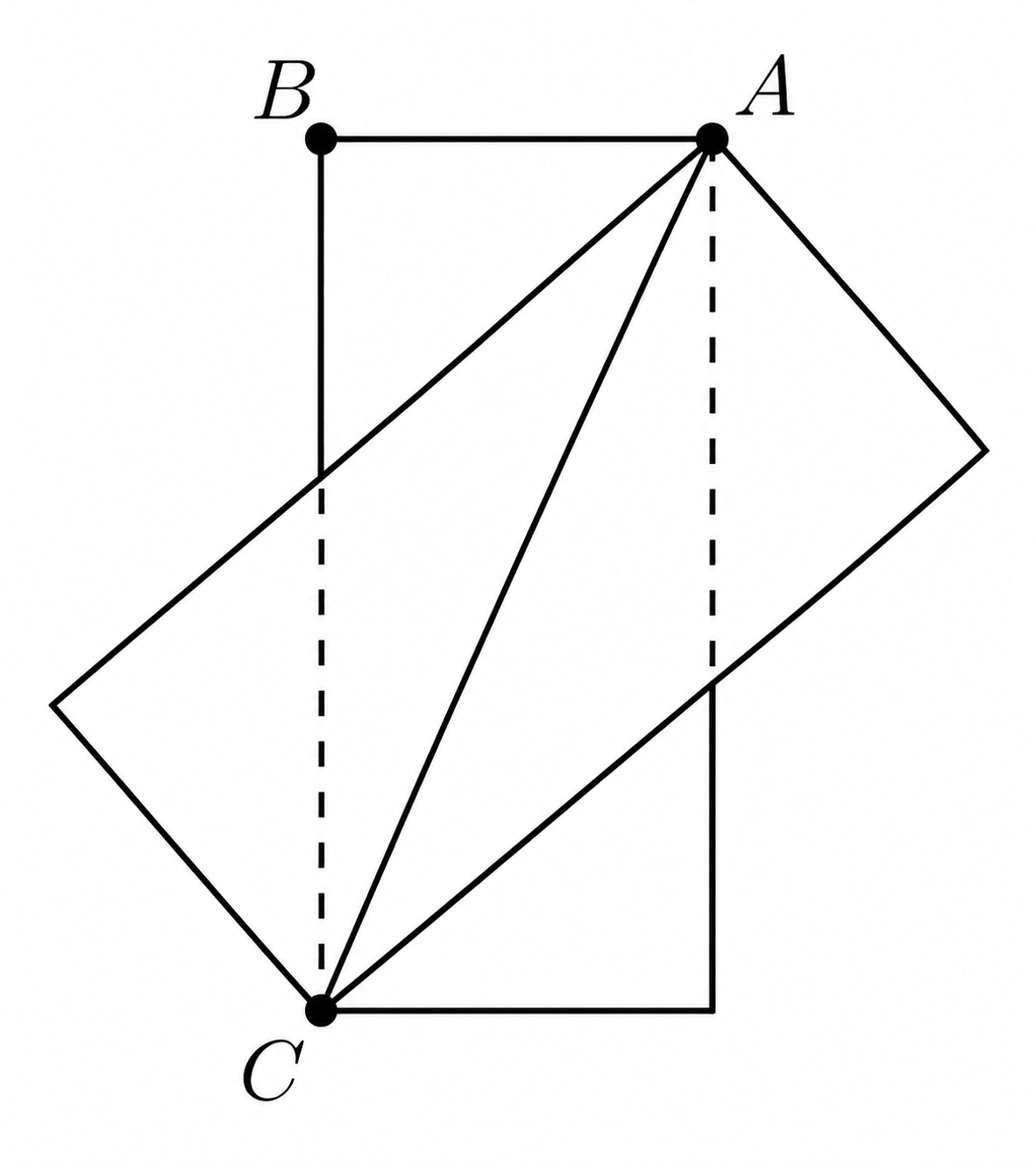 Two identical rectangular cards with successive diagonals aligned along AC