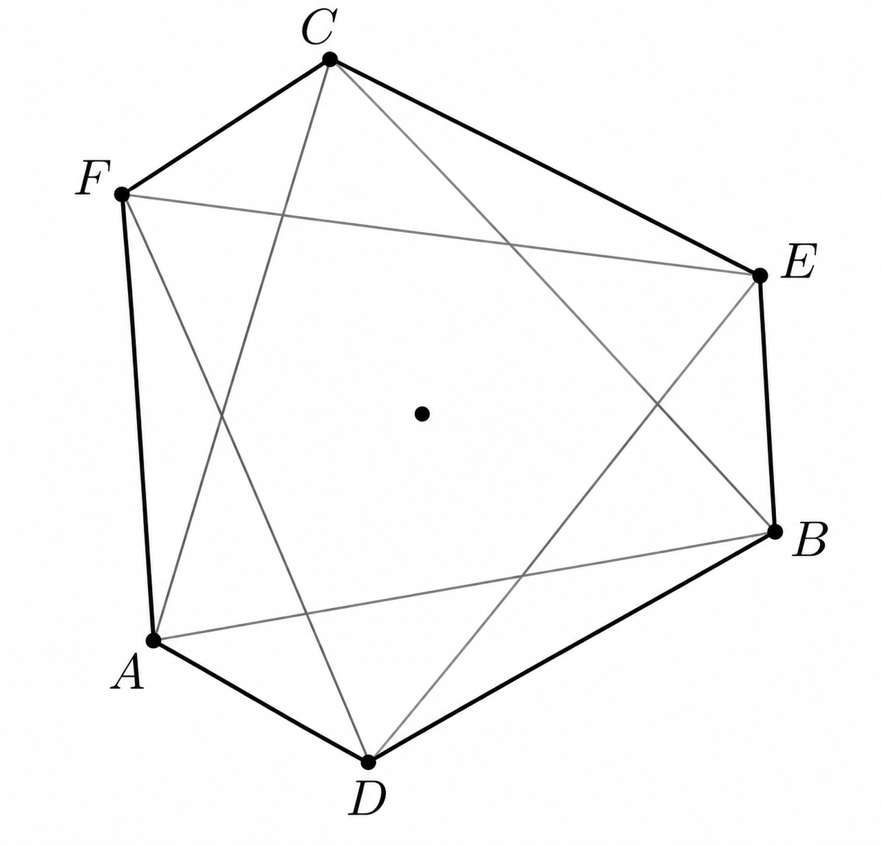 Equilateral triangle ABC and its rotation DEF about their common center, forming hexagon ADBECF.