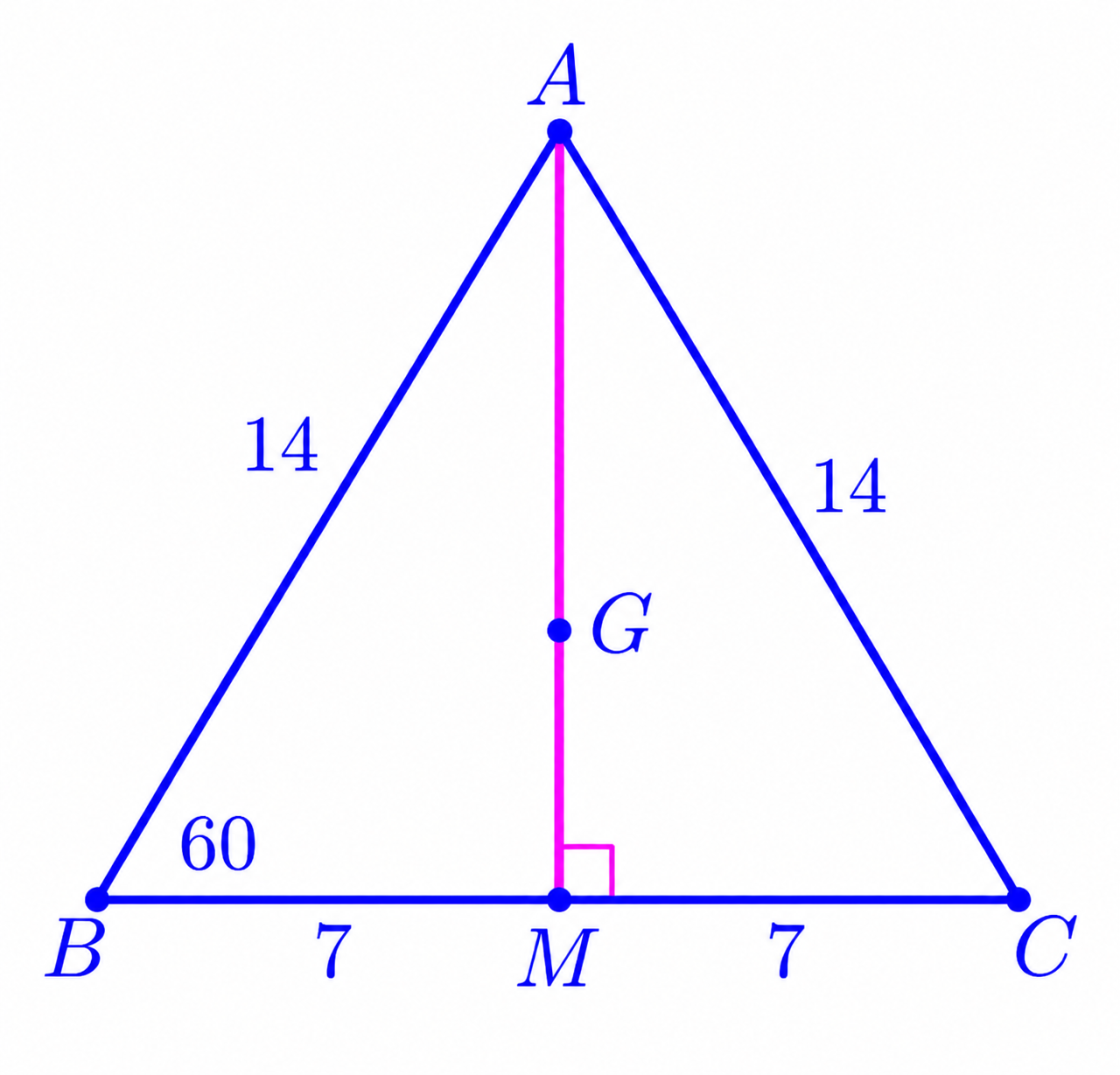 Equilateral triangle ABC with side length 14, altitude AM, midpoint M of BC, BM=MC=7, and centroid G on AM.