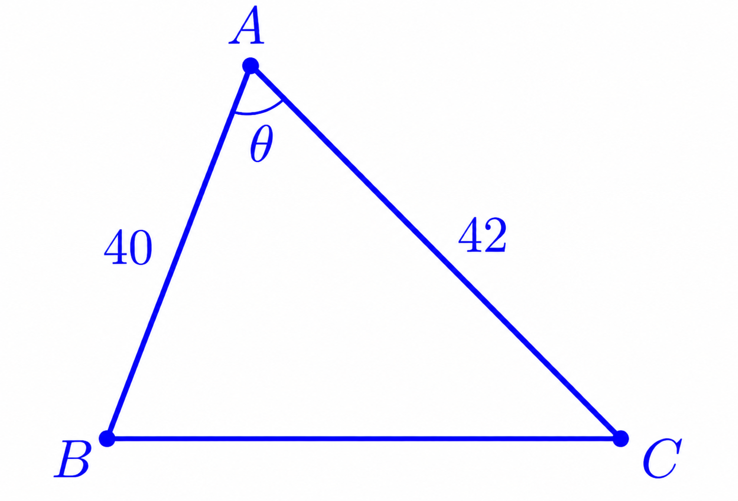 Triangle ABC with AB=40, AC=42, and angle BAC equal to theta.