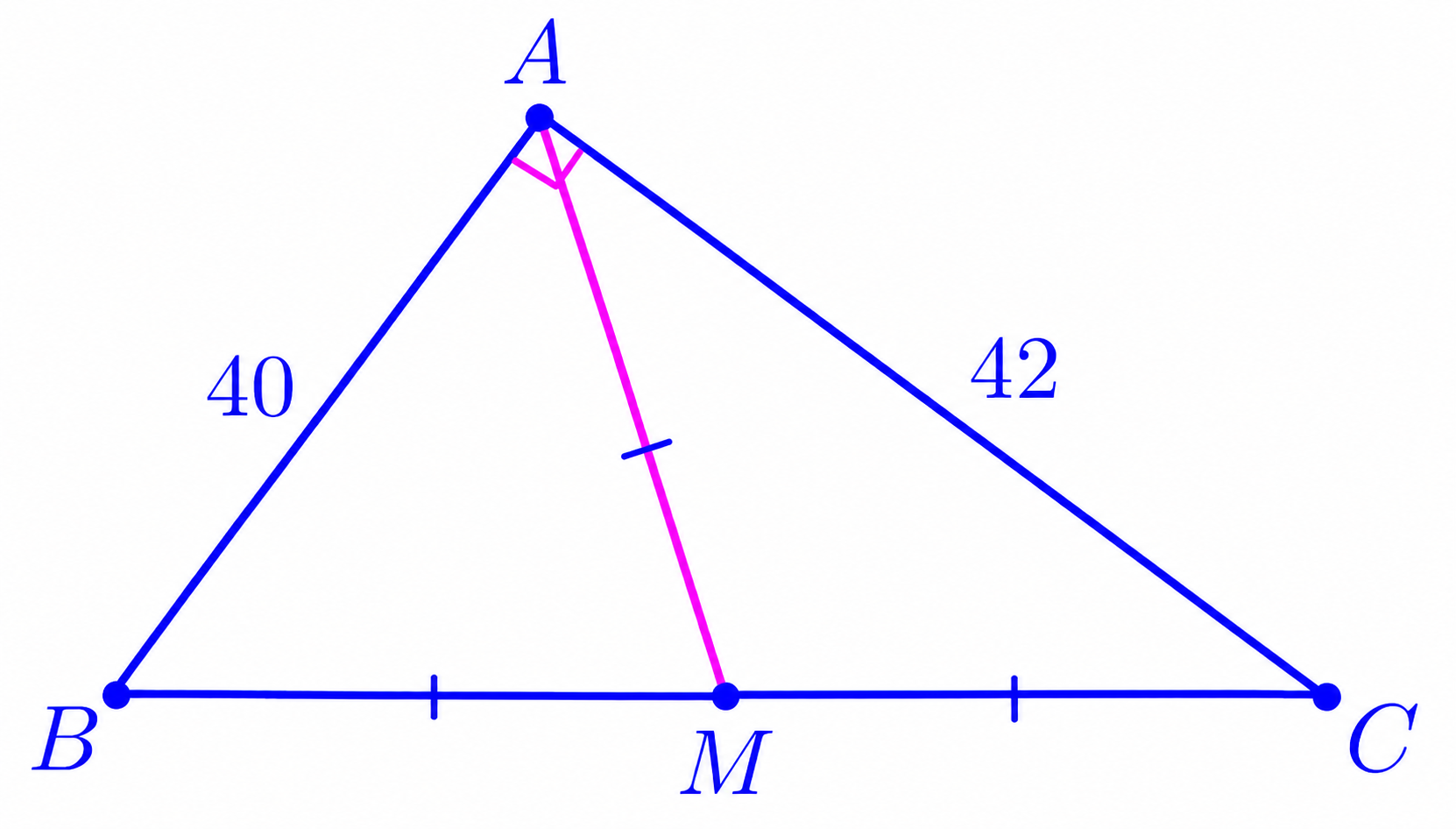 Right triangle ABC with AB=40, AC=42, right angle at A, and median AM to the hypotenuse BC. BM, MC, and AM are marked equal.