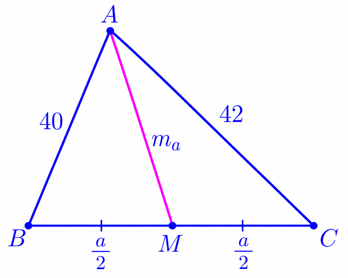 Triangle ABC with AB=40, AC=42, BC=a, BM=MC=a/2, and median AM labeled m_a.