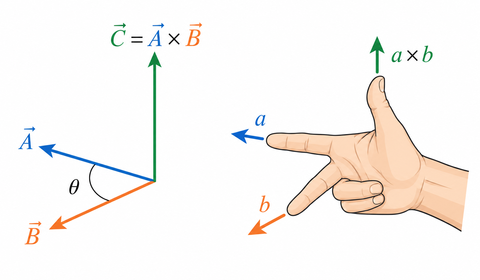 Right-hand rule for the cross product showing vectors A and B and the perpendicular vector C equals A cross B
