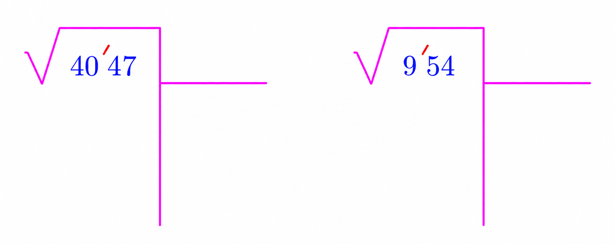 Grouping the digits of 4047 as 40 and 47, and 954 as 9 and 54, using the square-root long-division layout.
