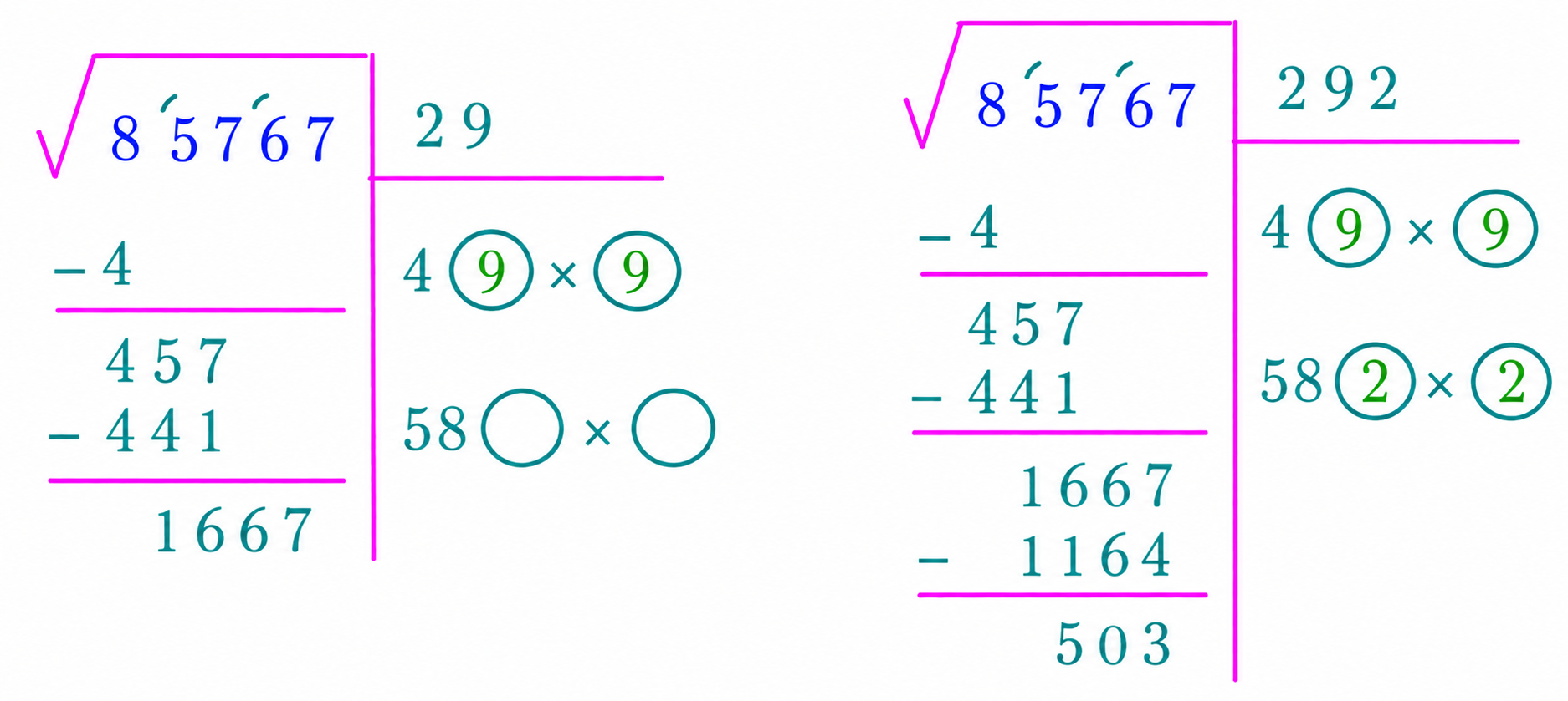 Square-root long division of 85767: first choose 2, then 9, then 2. The calculations include 457 minus 441 and 1667 minus 1164, leaving remainder 503.