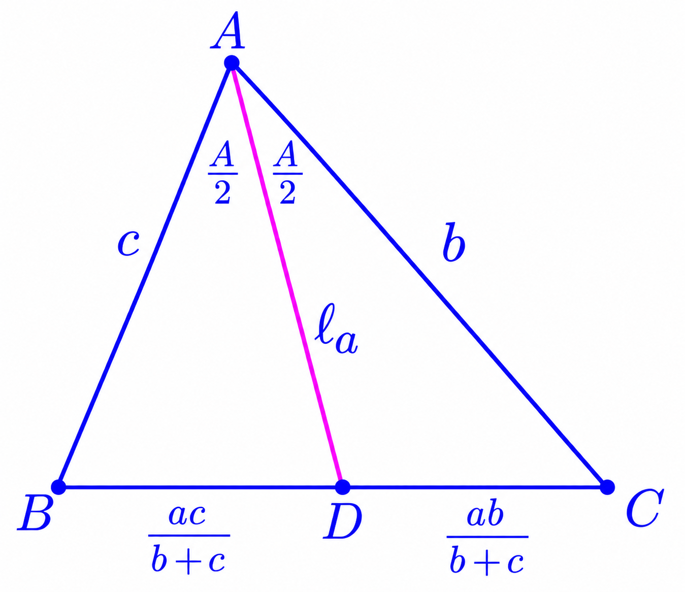 Triangle ABC with angle bisector AD of length l_a, dividing BC into BD = ac/(b+c) and DC = ab/(b+c).